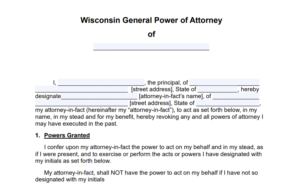 Wisconsin General (Financial) Power of Attorney Form