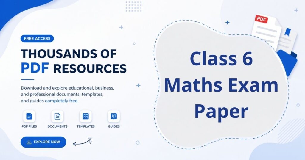 A classroom-style exam paper image showing Class 6 mathematics questions with arithmetic, fractions, and basic geometry exercises for assessment.