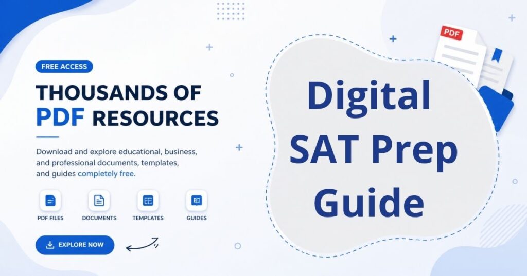 A modern study preparation visual showing Digital SAT 2026 guide with practice questions, exam strategies, and digital test interface examples.