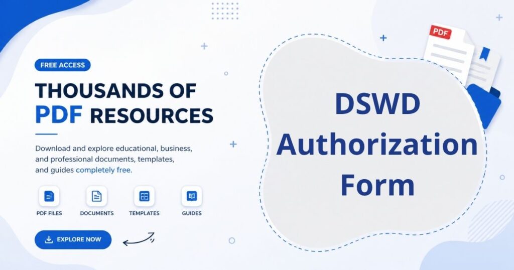 A government form visual showing DSWD authorization document with official layout and structured information fields.