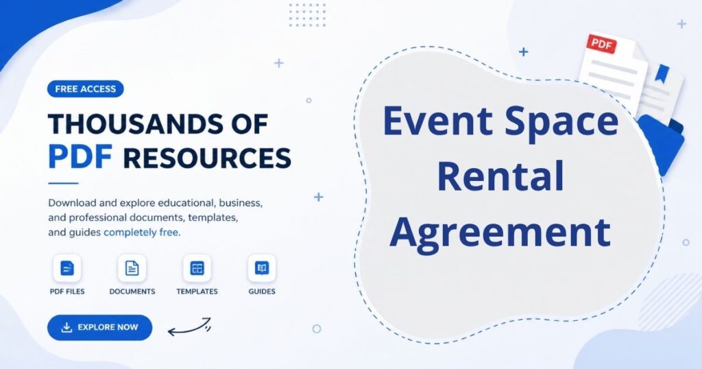 A contract document visual showing an event space rental agreement with booking details, payment terms, and usage conditions.