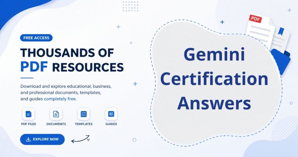 A detailed certification preparation visual showing Gemini certification answers with structured explanations, multiple-choice questions, and exam insights.