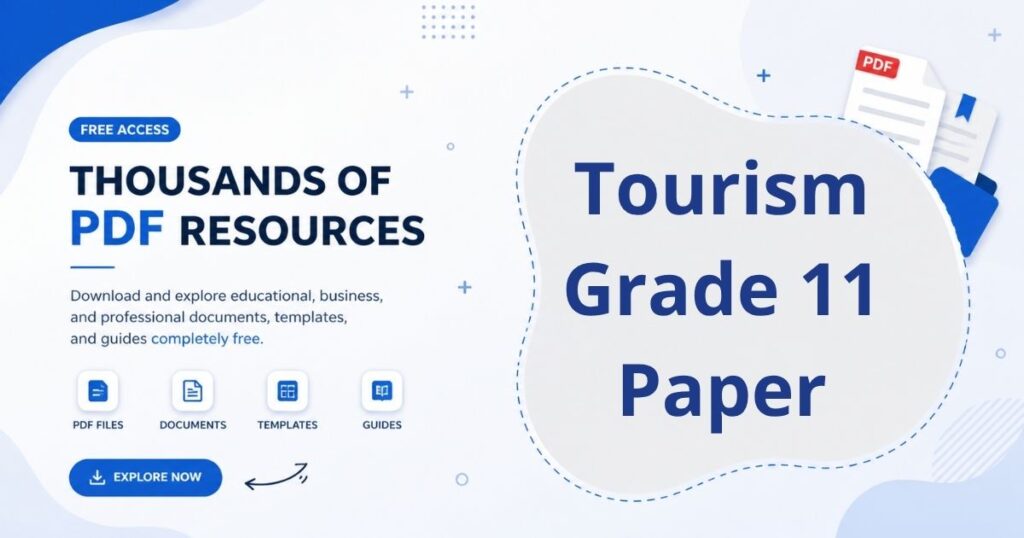 An educational exam paper visual showing Grade 11 tourism questions related to travel, geography, and hospitality.